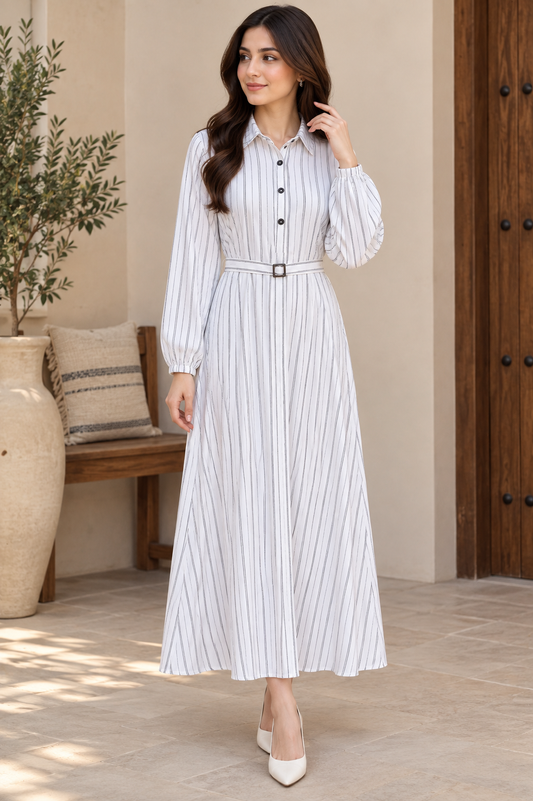 Elegant White Pinstripe Belted long Dress