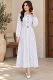 Elegant White Pinstripe Belted long Dress