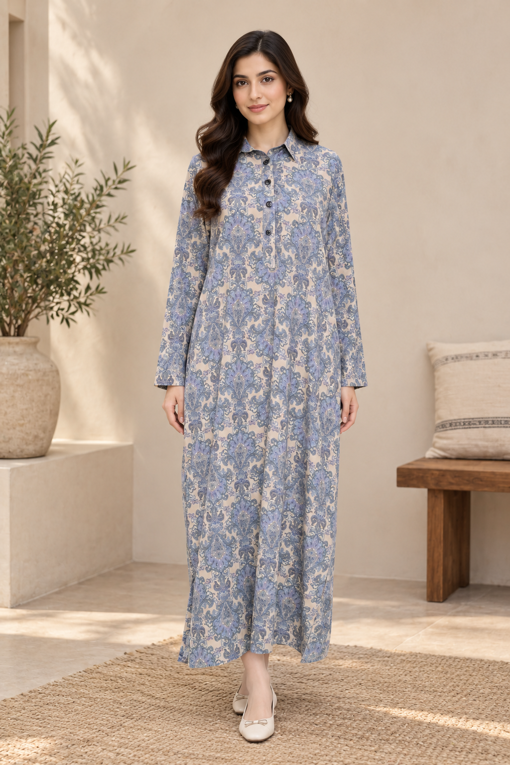 Blue Floral Printed Modest Long Dress