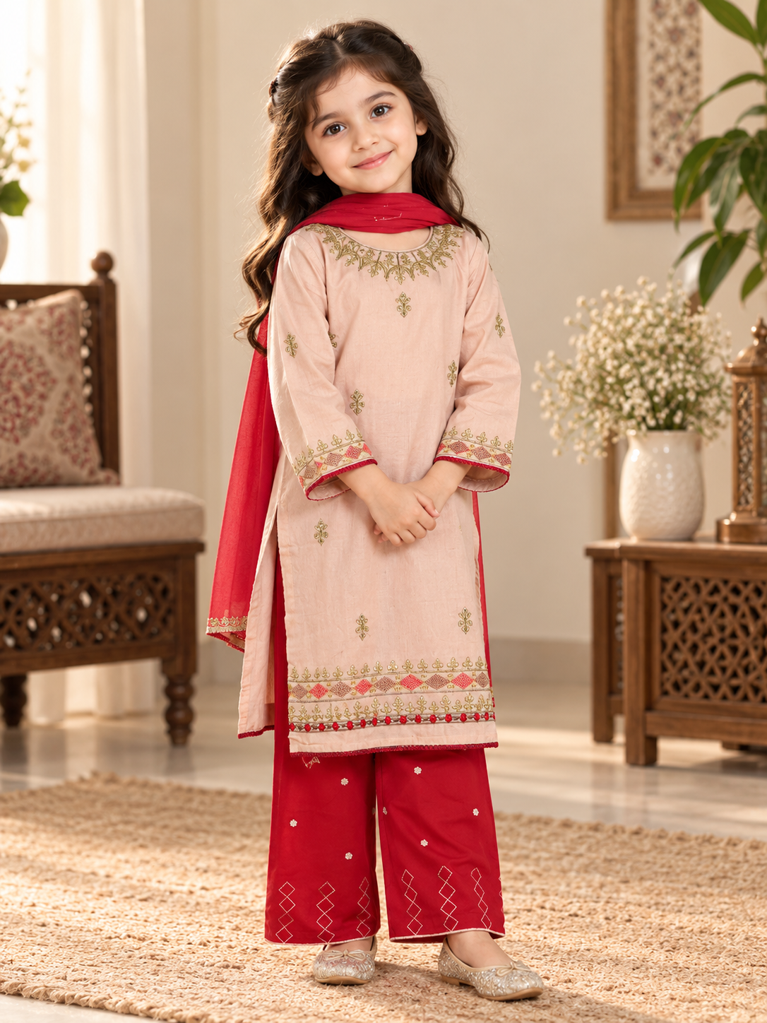 Peach Embroidered 3-Piece Suit with Red Dupatta