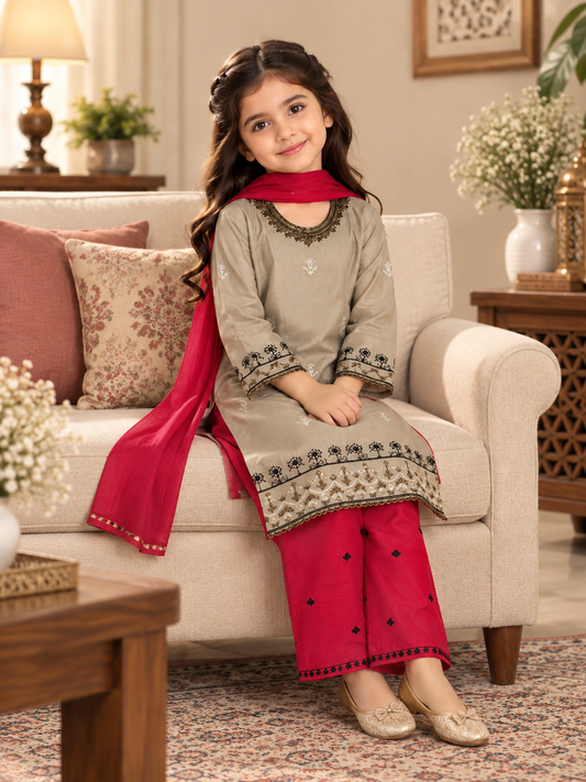 Beige & Pink Lawn Embroidered 3-Piece Suit
