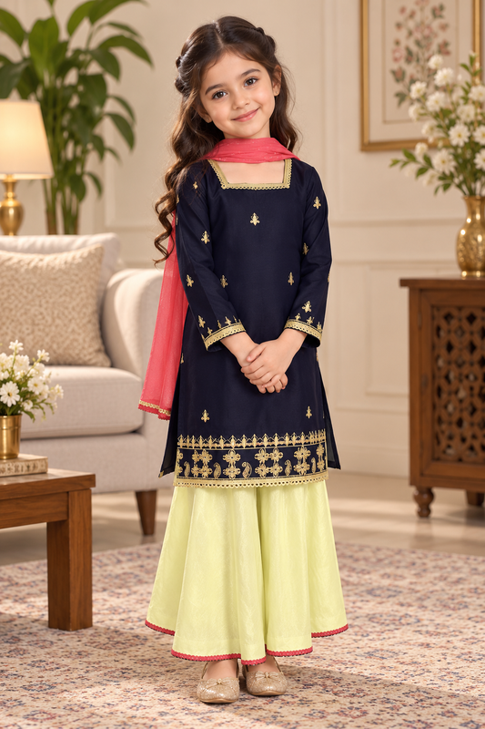 Navy Blue & Lemon Yellow lawn Embroidered 3-Piece Suit