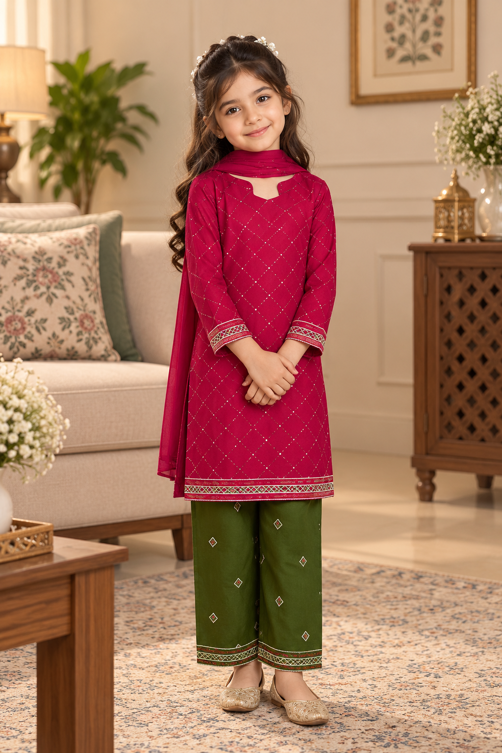 Pink & Olive Green Embroidered 3-Piece lawn suit