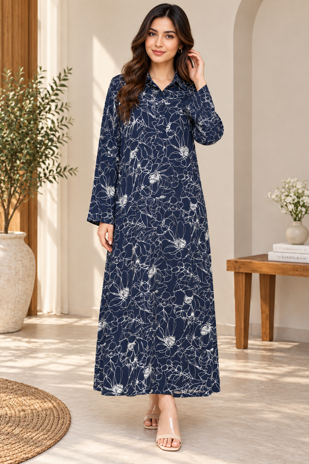 Navy Blue Floral Line-Print Long  Dress