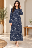 Navy Blue Floral Line-Print Long  Dress
