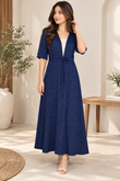 Navy Blue Polka Dot Tie-Waist long  Dress