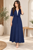 Navy Blue Polka Dot Tie-Waist long  Dress