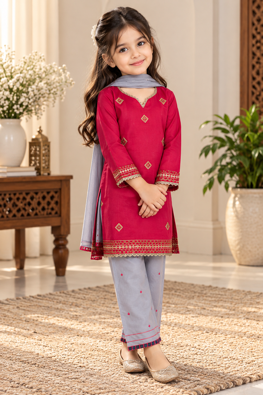 Pink and light purple embroidered 3-Piece suit