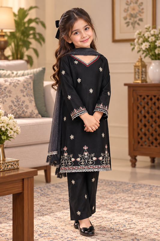 Black lawn embroided suit