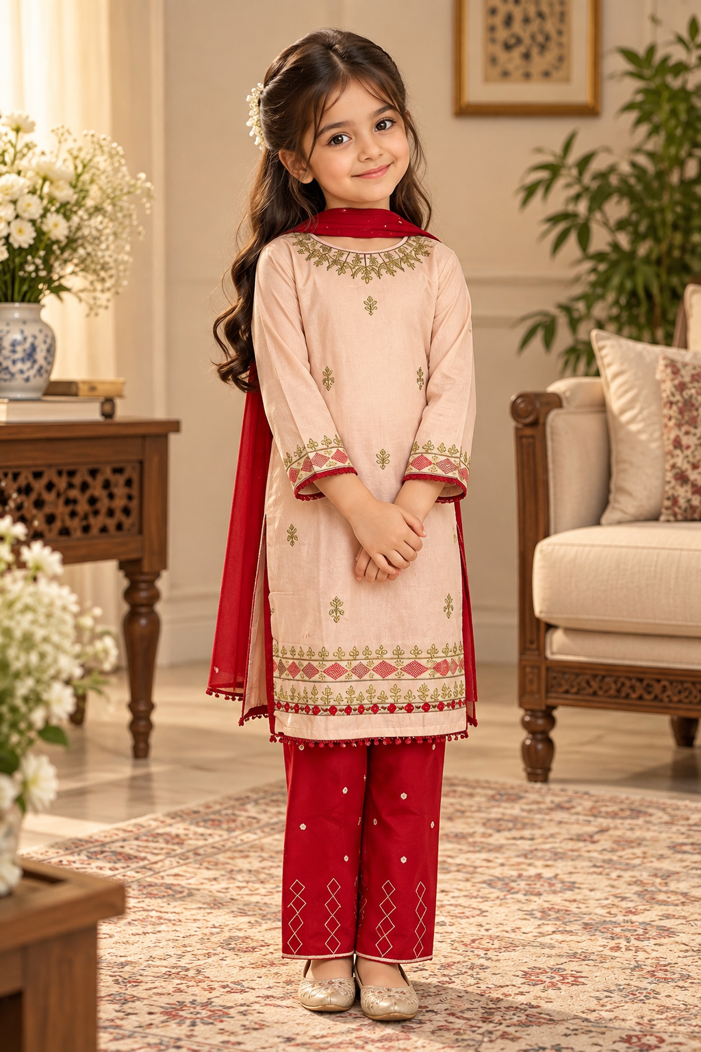 Embroided peach and red 3 piece suit