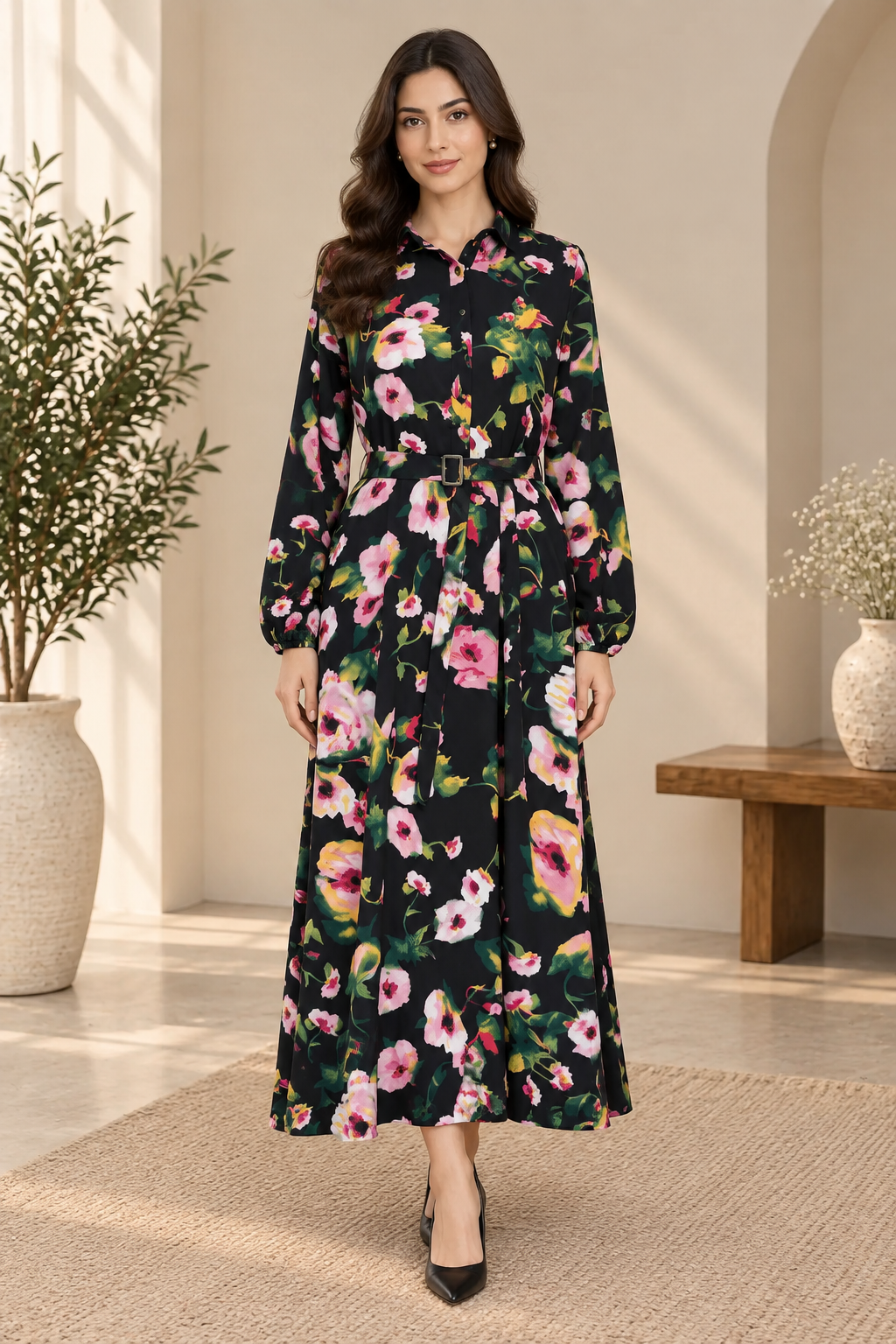 Black Floral Printed Belted long  Dress