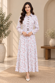 White Floral Printed Belted Long Dress