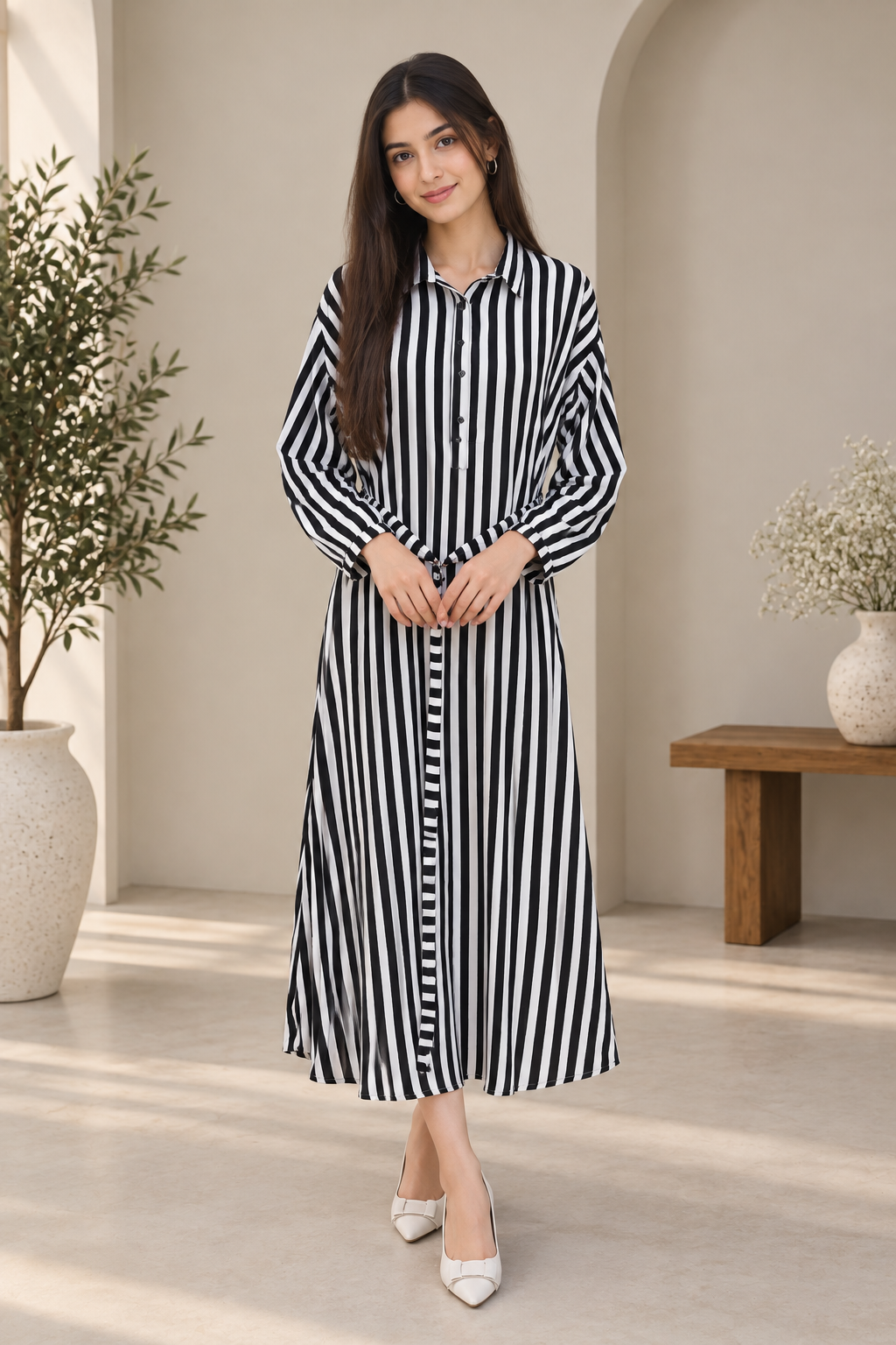 Black & White Striped Belted long  Dress