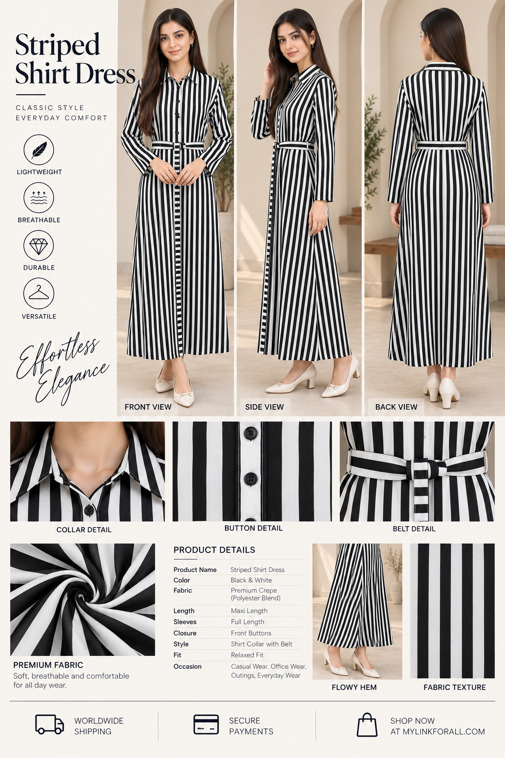 Black & White Striped Belted long  Dress