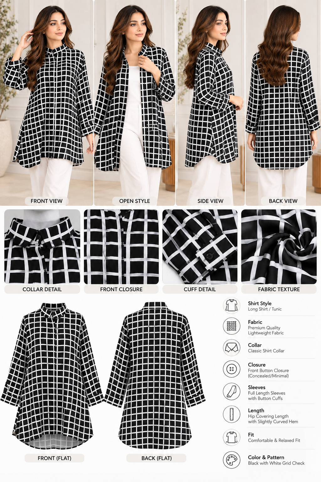 Black & White Grid Check Longline Shirt