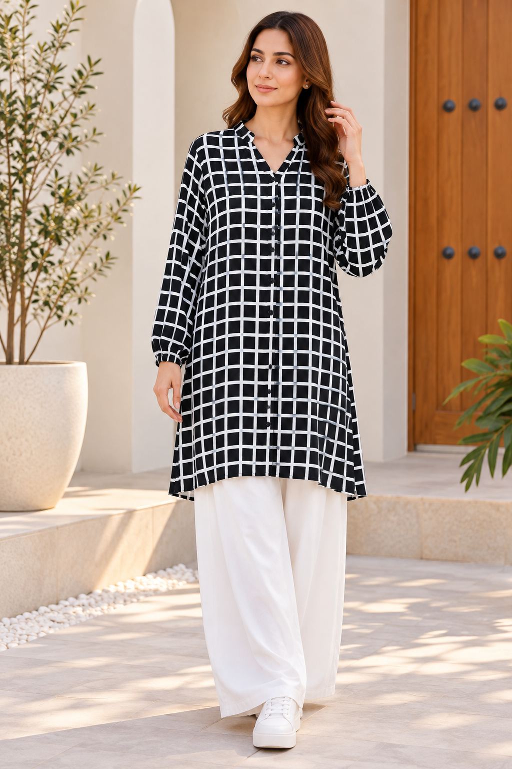 Black & White Grid Print Button-Front  Shirt