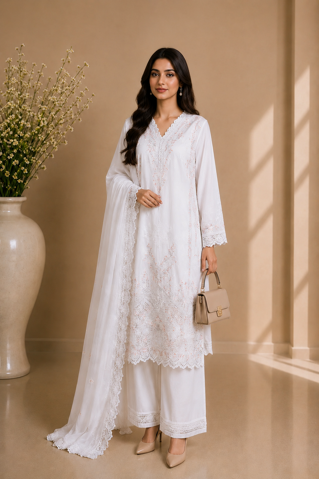 White Chiffon Embroidered 3-Piece Suit