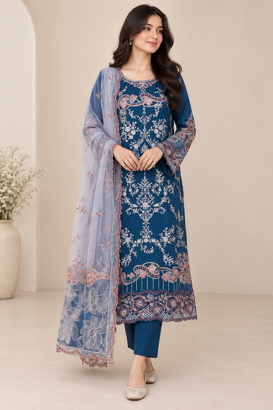 Elegant Navy Blue Chiffon Embroidered 3-Piece Suit