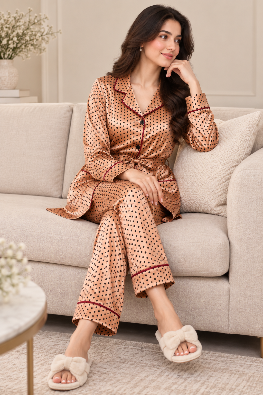 Peach Satin Polka Dot Pyjama Set