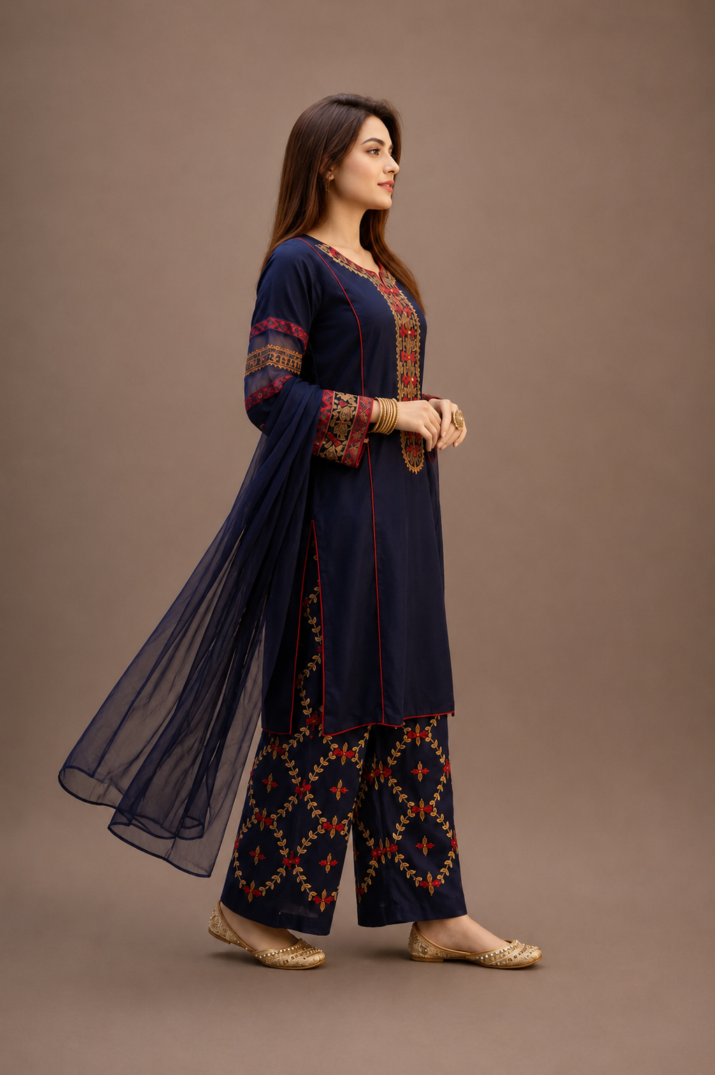 Navy Blue Embroidered 3-Piece Suit