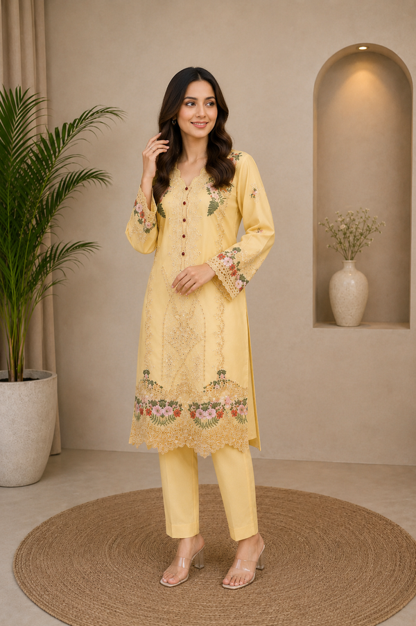 Light Yellow Embroidered 2-Piece Suit