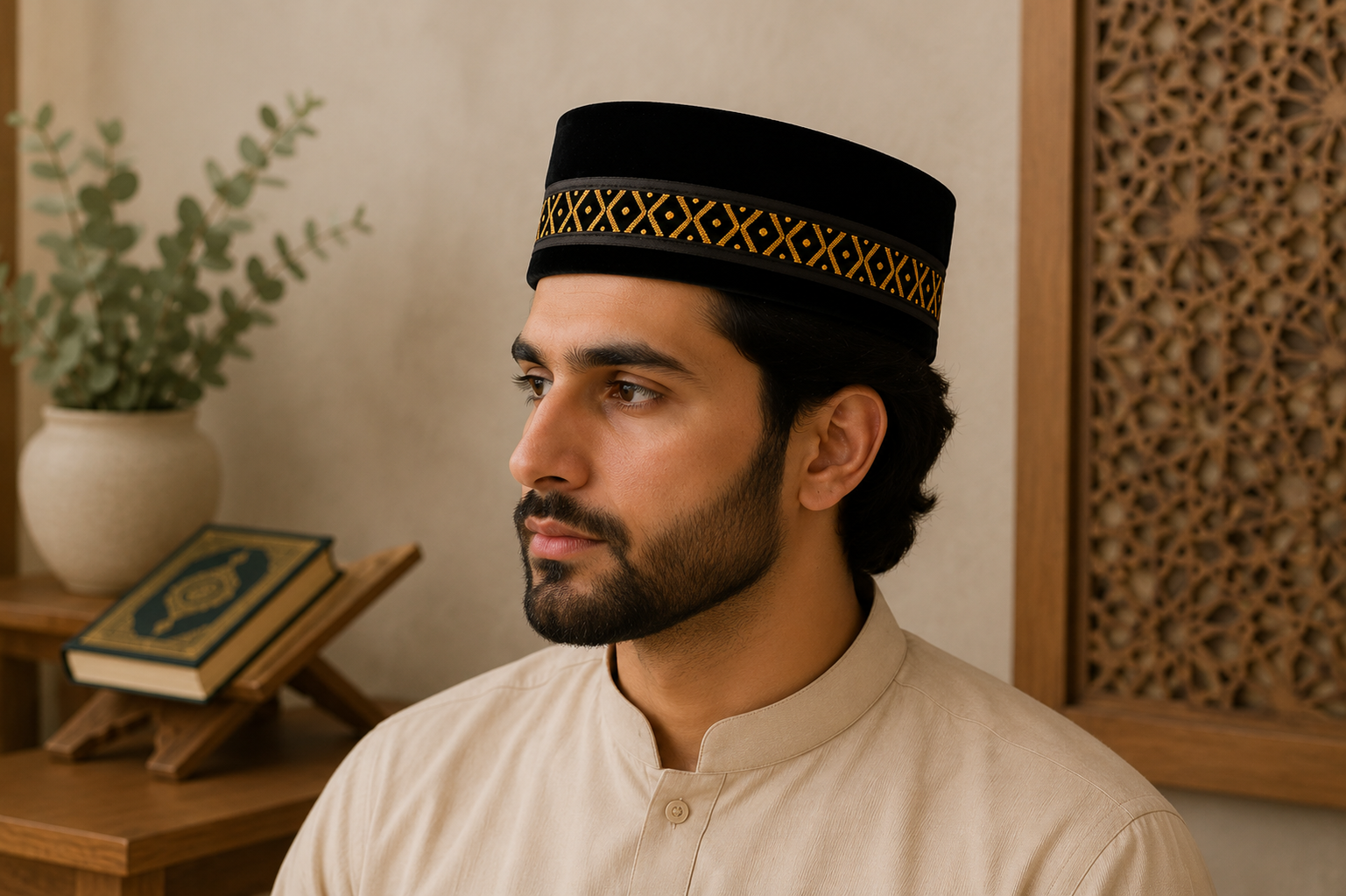 Black Velvet Peci Cap with Gold Geometric Accent Band | Traditional Foldable Kopiah
