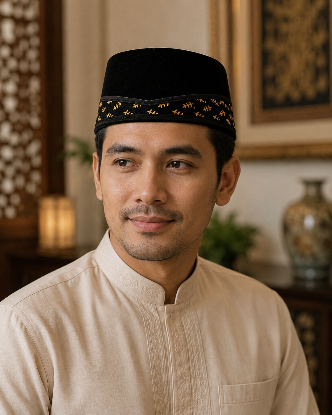Black Velvet Peci Cap with Gold Accent Band | Traditional Foldable Kopiah