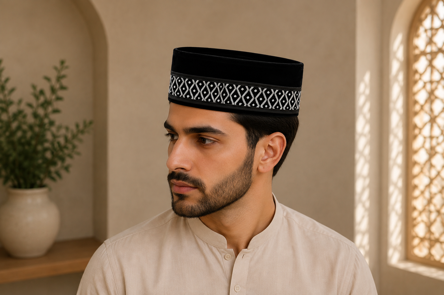 Black Velvet Peci Cap with White Geometric Pattern Band | Traditional Foldable Kopiah
