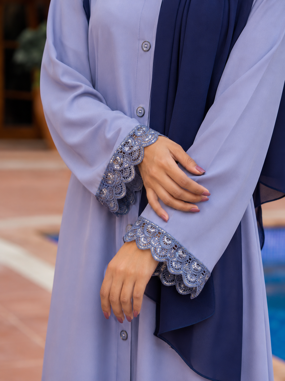 Premium Blue Luxe Lace-Cuff Front-Open Abaya Set with Navy Blue Stole