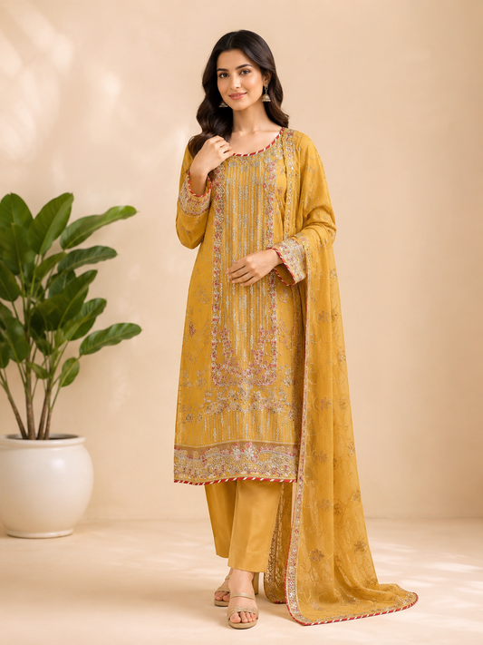 Traditional Embroidered Three-Piece Suit with Dupatta