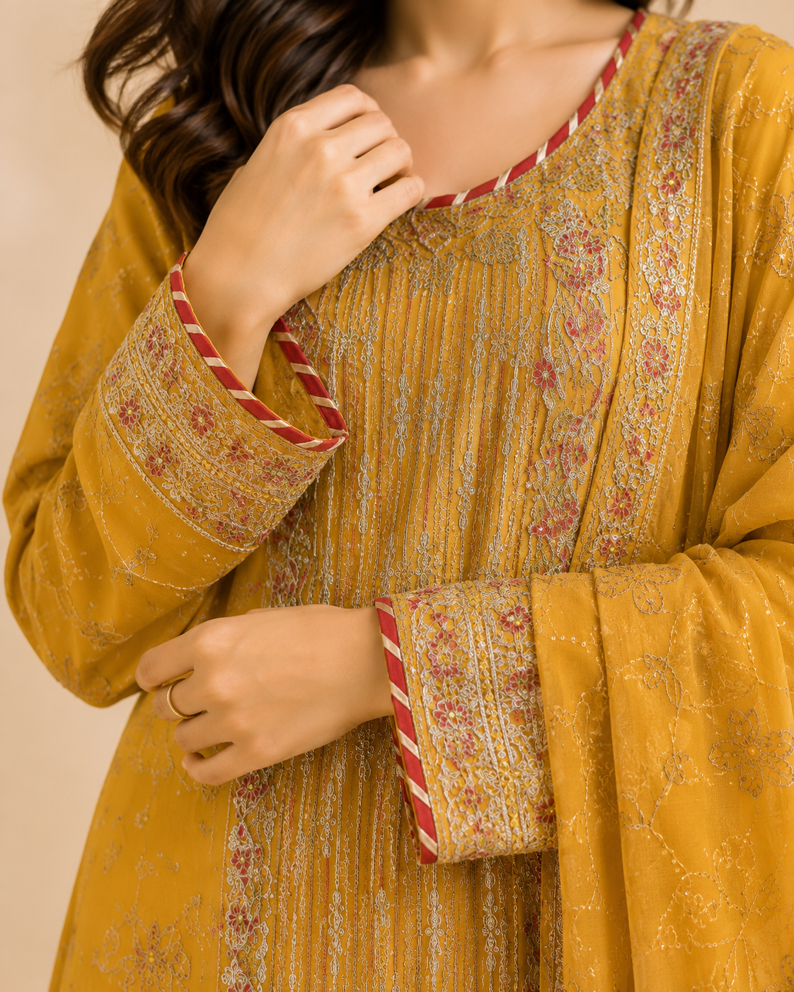 Traditional Embroidered Three-Piece Suit with Dupatta
