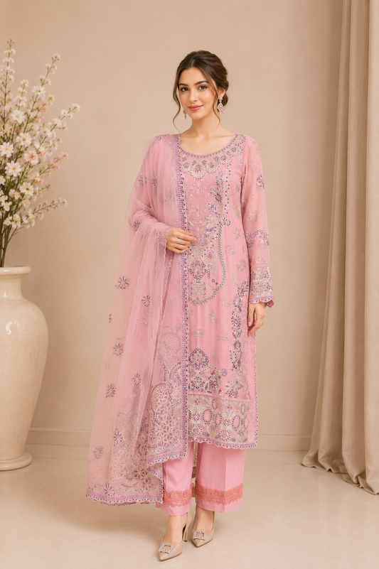 Pastel Pink Embroidered Chiffon 3-Piece Suit