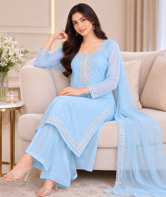 Ice Blue Embroidered Chiffon 3-Piece Suit