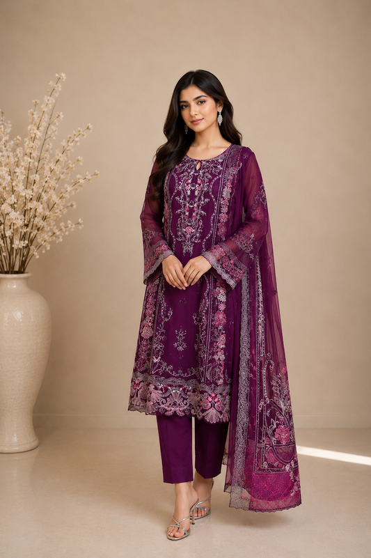 Plum Purple Embroidered Chiffon 3-Piece Suit