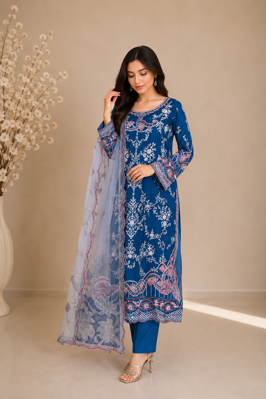 Royal Blue Heavy Embroidered Chiffon 3-Piece Suit