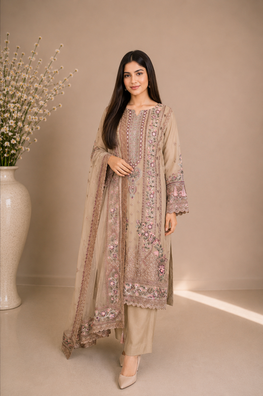 Beige Embroidered Chiffon 3-Piece Suit