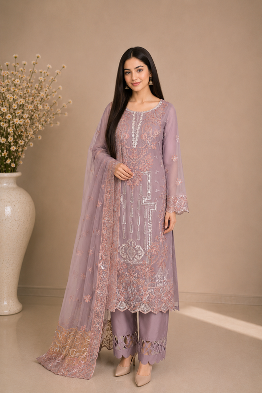 Premium Lavender Embroidered Chiffon 3-Piece Suit