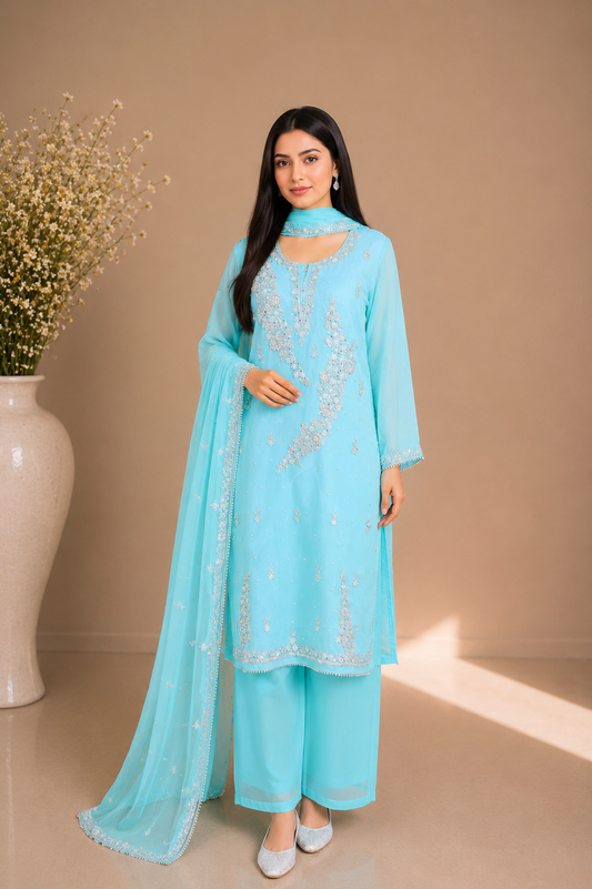 Sky Blue Embroidered Organza 3-Piece Suit