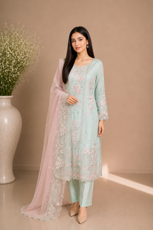 Mint Aqua Embroidered Chiffon 3-Piece Suit