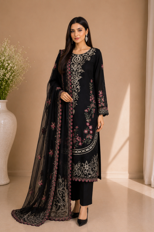 Black Multi-Colour Embroidered Chiffon 3-Piece Suit