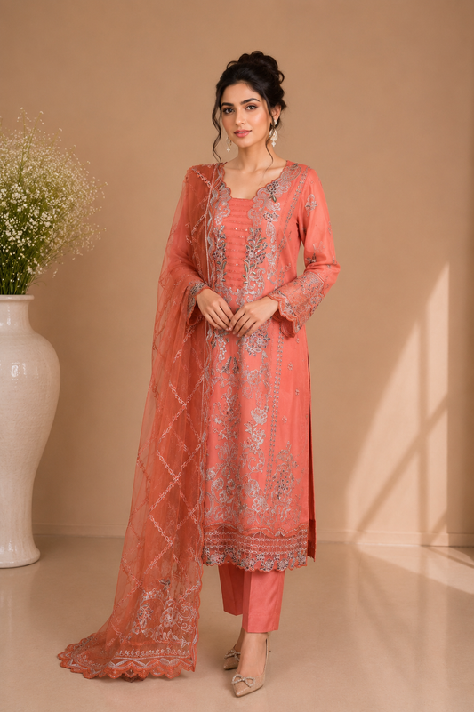 Peach Terracotta Embroidered Chiffon 3-Piece Suit
