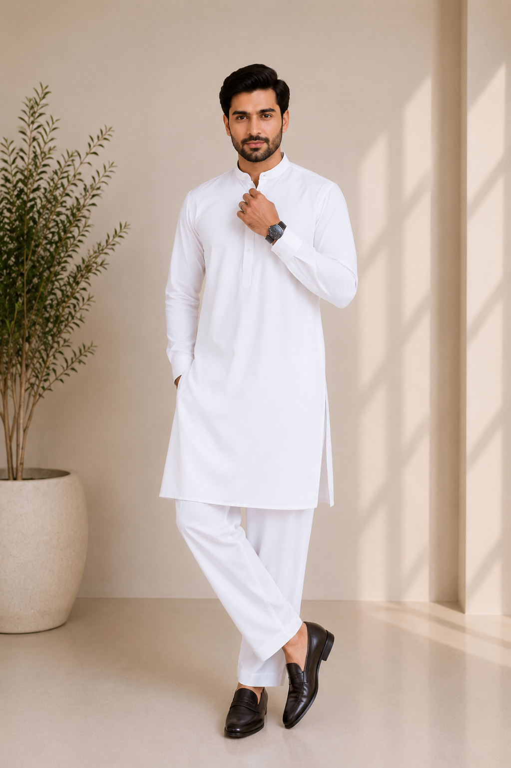 Classic White Cotton Band Collar Trouser Kameez