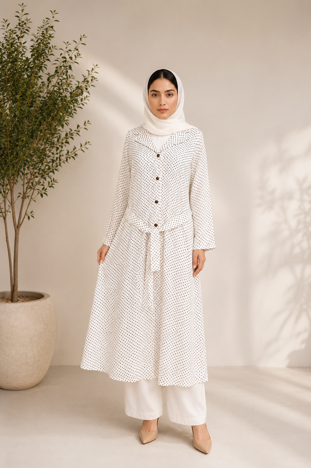Off-White Polka Dot Belted Button-Down Coat Abaya