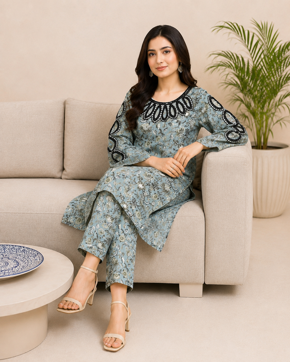 Neck-Embroidered 2-Piece Ladies Suit — No. 114