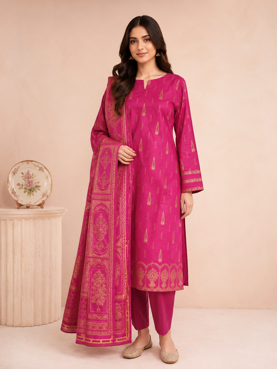 Magenta and Gold Printed Lawn 3-Piece Suit