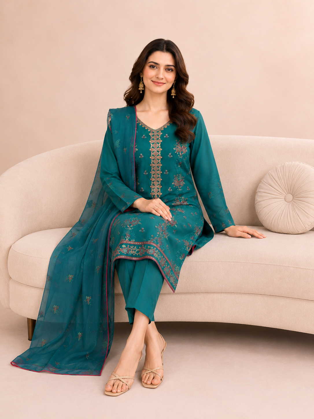 Teal Green Embroidered 3-Piece Suit