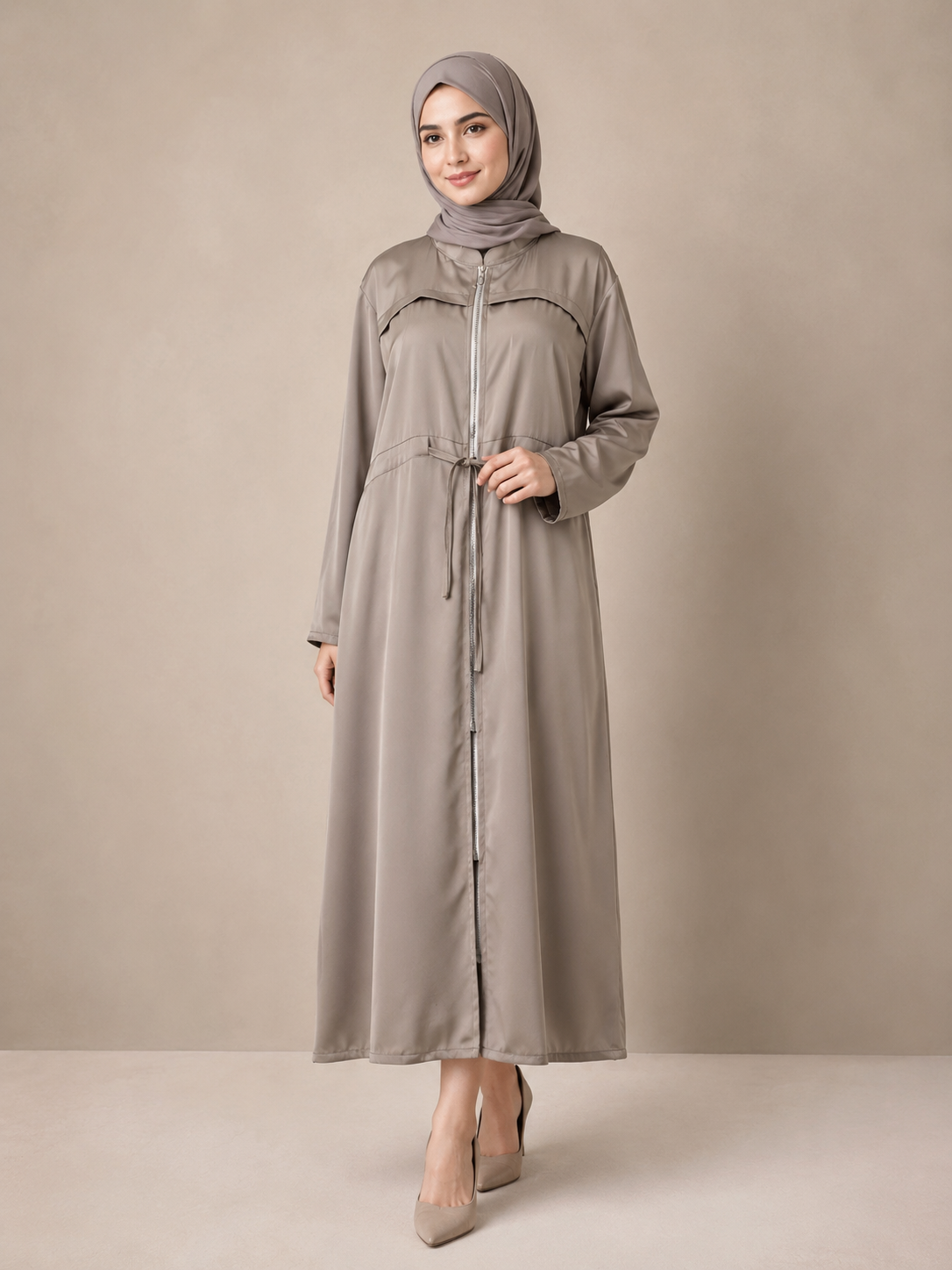 Beige Zip-Style Shirt Abaya