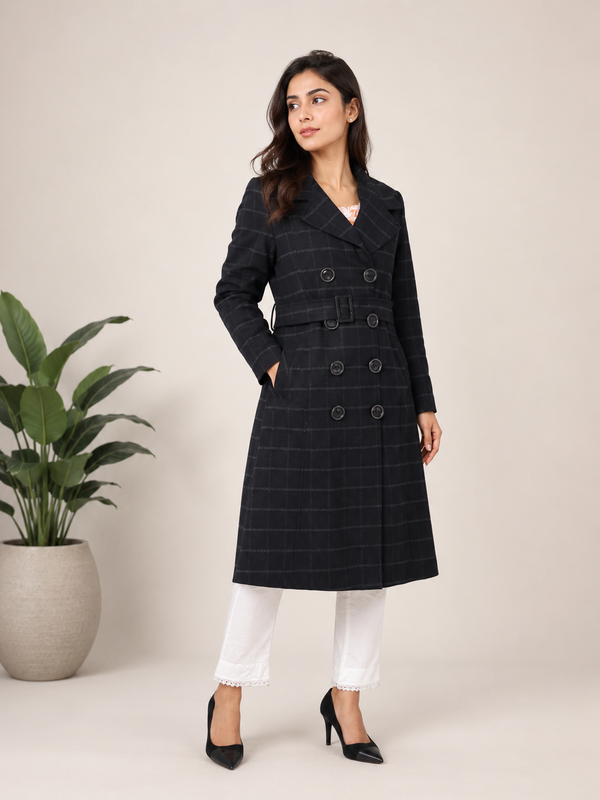 Classic Plaid Double-Breasted Long Coat — My Link for ALL