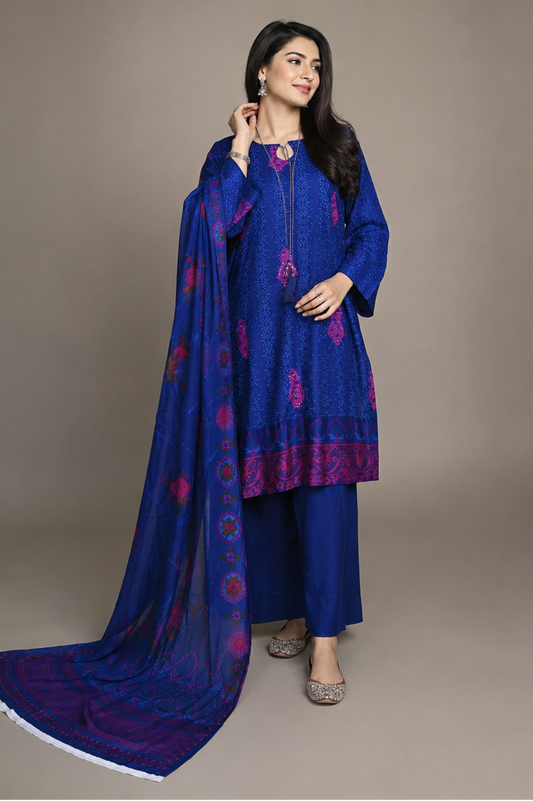 3 piece dark blue with embroided lawn suit