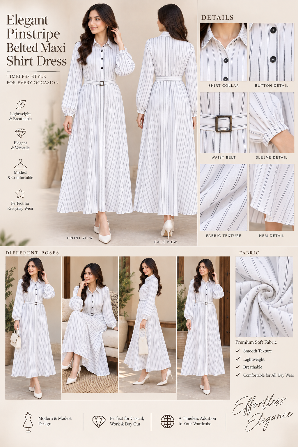 Elegant White Pinstripe Belted long Dress
